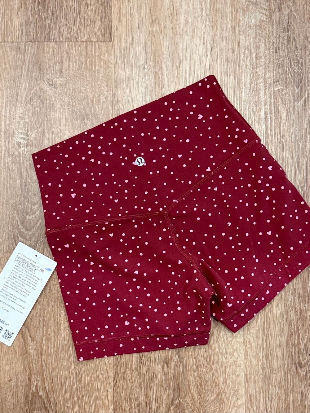 Lululemon Align No Line High-Rise Shorts in a Burgundy Heart Scatter Dot print.